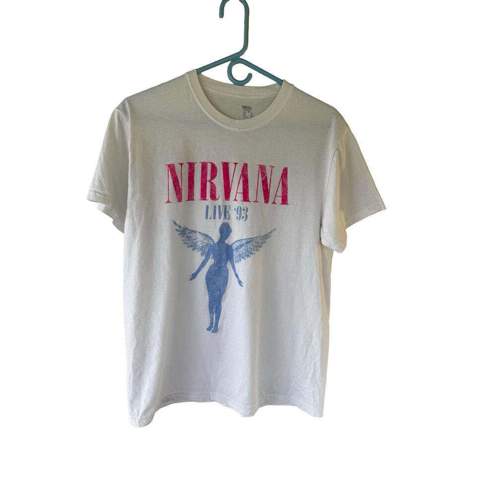Nirvana Live '93 Angel Graphic T-Shirt White Band Size Large Grunge Rock Shirt